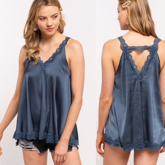 027 Boho Lace V neck Satin Cami Tank Top - Picture 2 of 5